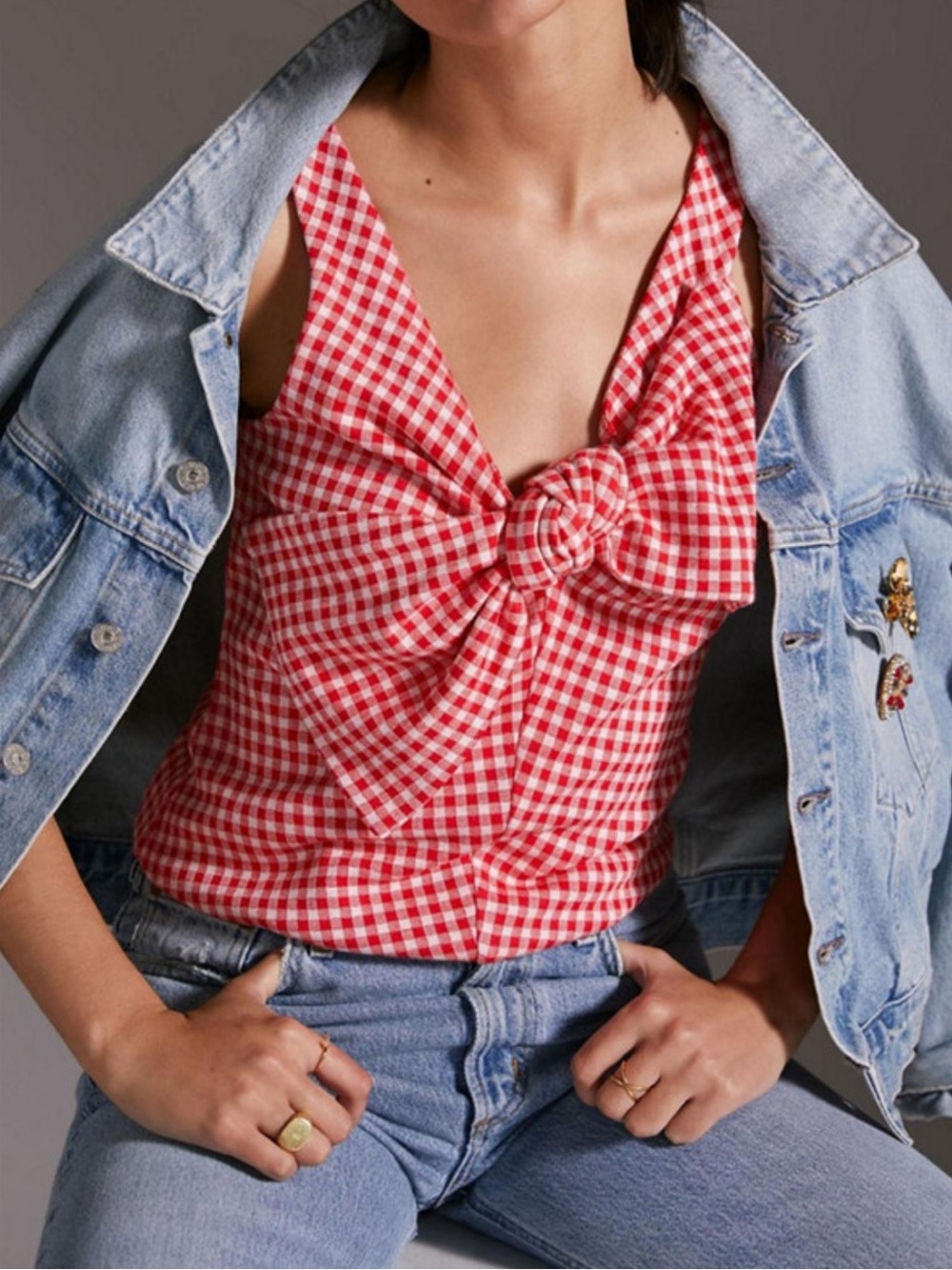 Eva Franco Anthropologie Red Gingham Bow sleeveless Blouse Top Size M Retail $88